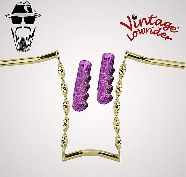 Vtg Lowrider 15" Handlebar CURVED Twisted 25.4mm Gold & Grips Sparkle Purple.